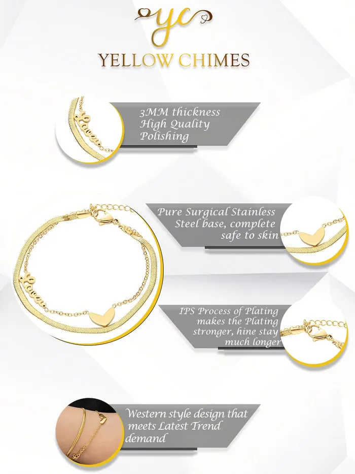 Yellow Chimes Chain Bracelet for Women GoldPlated 2 Layered Stainless Steel Heart Charm Love Bracelet For Women and Girls Yellow Chimes Earrings
