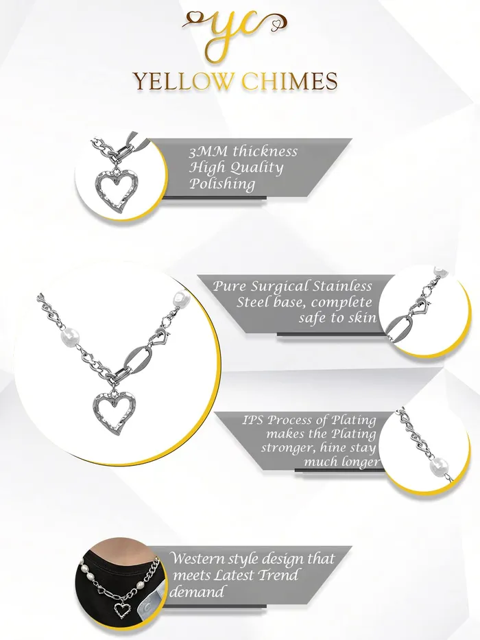 Yellow Chimes Chain Necklace for Women Pearl Necklace Silver Plated Stainless Steel Chain With Heart Charm Pendant Necklace For Women and Girls Yellow Chimes Necklaces