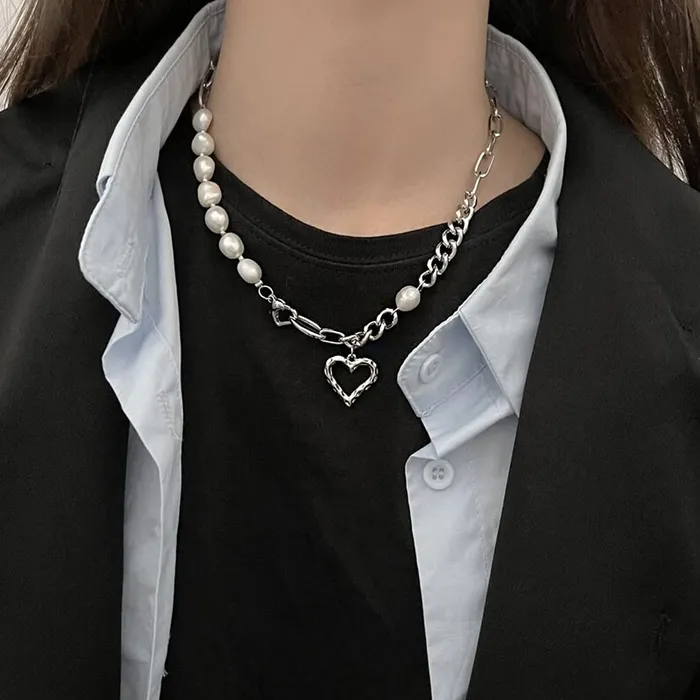 Yellow Chimes Chain Necklace for Women Pearl Necklace Silver Plated Stainless Steel Chain With Heart Charm Pendant Necklace For Women and Girls Yellow Chimes Necklaces
