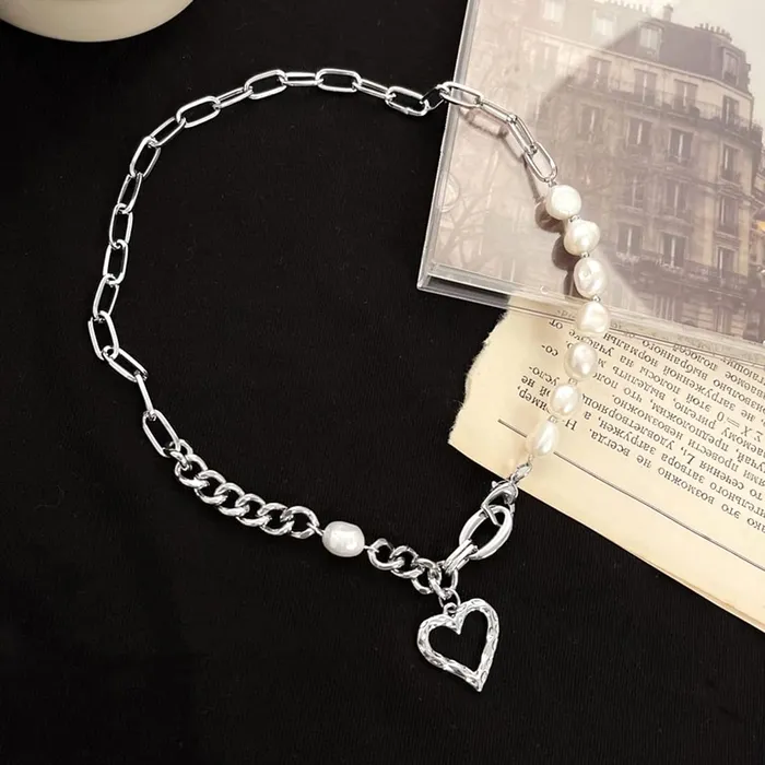 Yellow Chimes Chain Necklace for Women Pearl Necklace Silver Plated Stainless Steel Chain With Heart Charm Pendant Necklace For Women and Girls Yellow Chimes Necklaces
