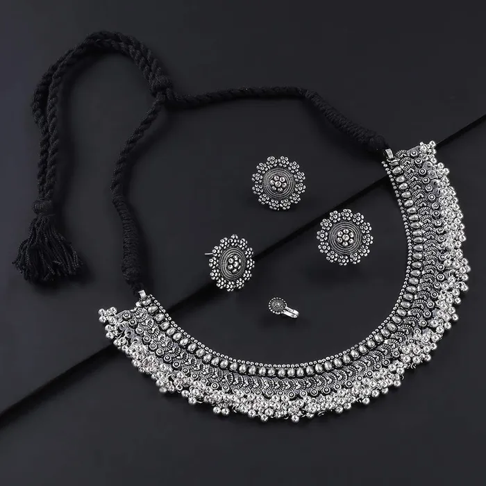 Yellow Chimes Classic German Silver Oxidised Crafted Traditional Choker Necklace Set With Earring Jewellery Set Jewellery Set for Women Osidized Silver YCTJNS32OXDCHKSL Yellow Chimes Earrings