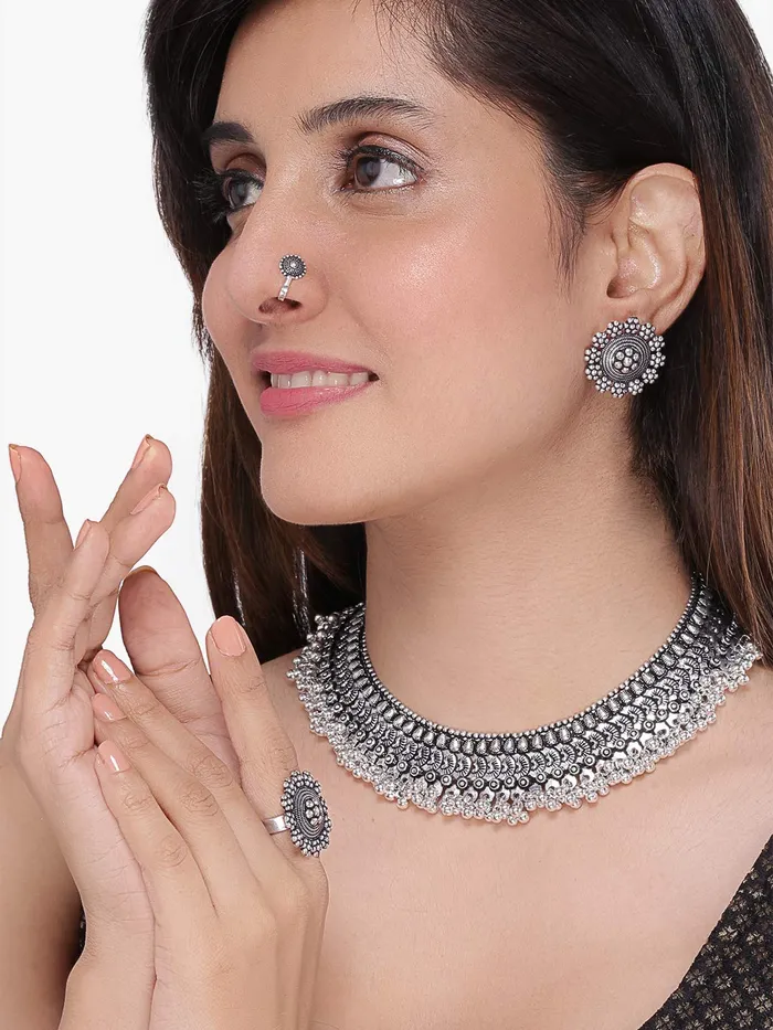 Yellow Chimes Classic German Silver Oxidised Crafted Traditional Choker Necklace Set With Earring Jewellery Set Jewellery Set for Women Osidized Silver YCTJNS32OXDCHKSL Yellow Chimes Earrings