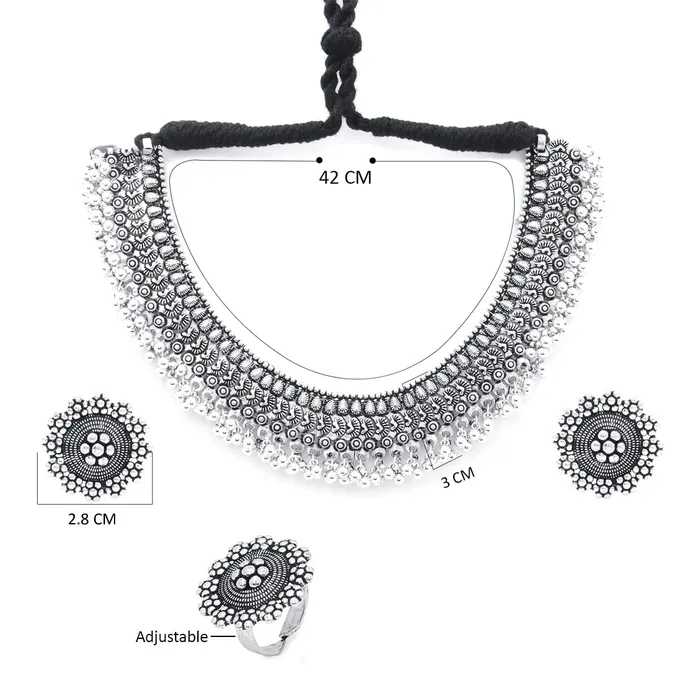 Yellow Chimes Classic German Silver Oxidised Crafted Traditional Choker Necklace Set With Earring Jewellery Set Jewellery Set for Women Osidized Silver YCTJNS32OXDCHKSL Yellow Chimes Earrings