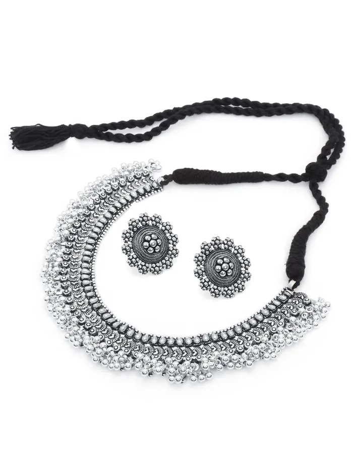 Yellow Chimes Classic German Silver Oxidised Crafted Traditional Choker Necklace Set With Earring Jewellery Set Jewellery Set for Women Osidized Silver YCTJNS32OXDCHKSL Yellow Chimes Earrings