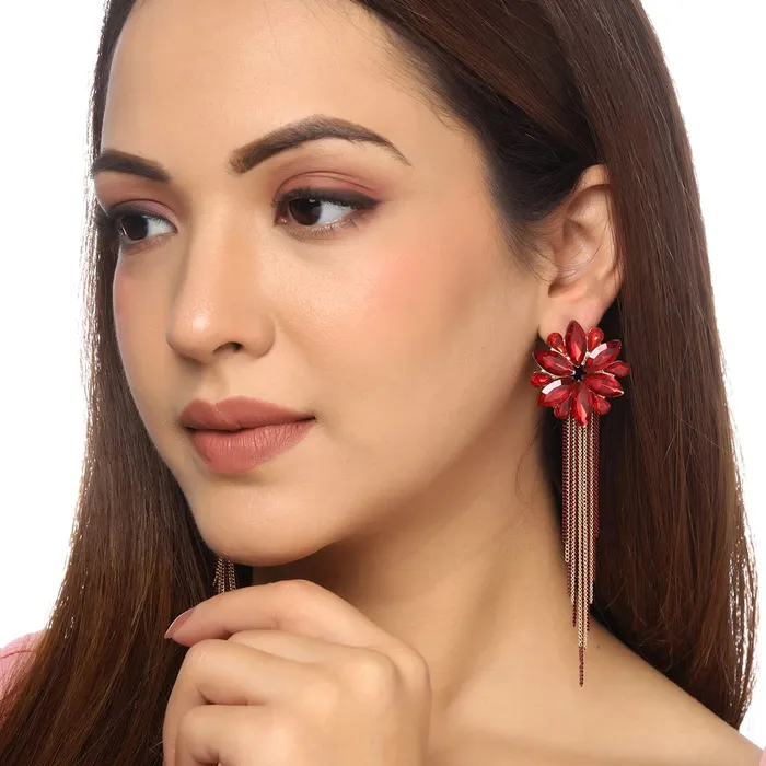 Yellow Chimes Crystal Danglers Earrings for Women Floral Shaped Crystal Red Long Chain Dangler Earrings for Women and Girls Yellow Chimes Necklaces