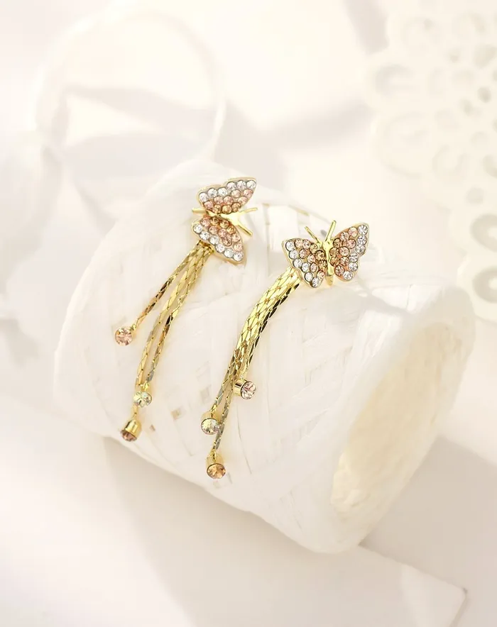 Yellow Chimes Dangler Earrings for Women Crystal Studded Butterfly Shaped Earrings for Girls Long Chain Gold Plated Danglers Earrings Birthday Gift For Girls Anniversary Gift for Wife Yellow Chimes Earrings