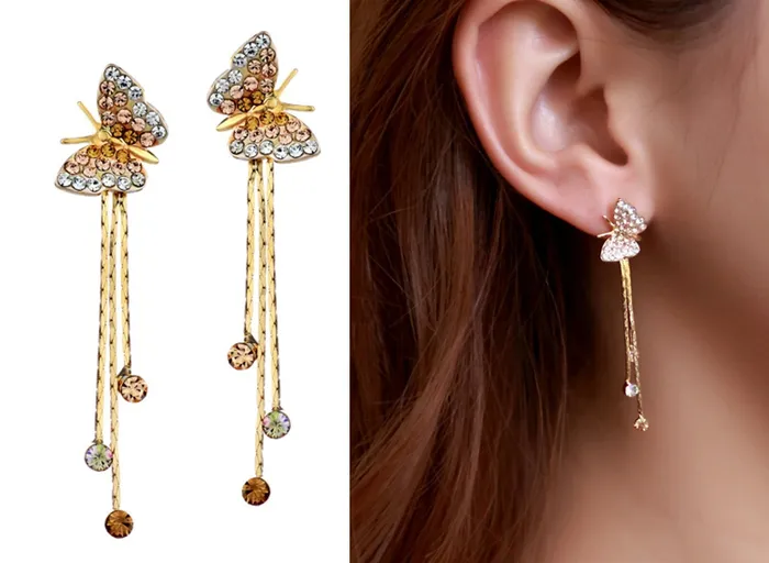 Yellow Chimes Dangler Earrings for Women Crystal Studded Butterfly Shaped Earrings for Girls Long Chain Gold Plated Danglers Earrings Birthday Gift For Girls Anniversary Gift for Wife Yellow Chimes Earrings