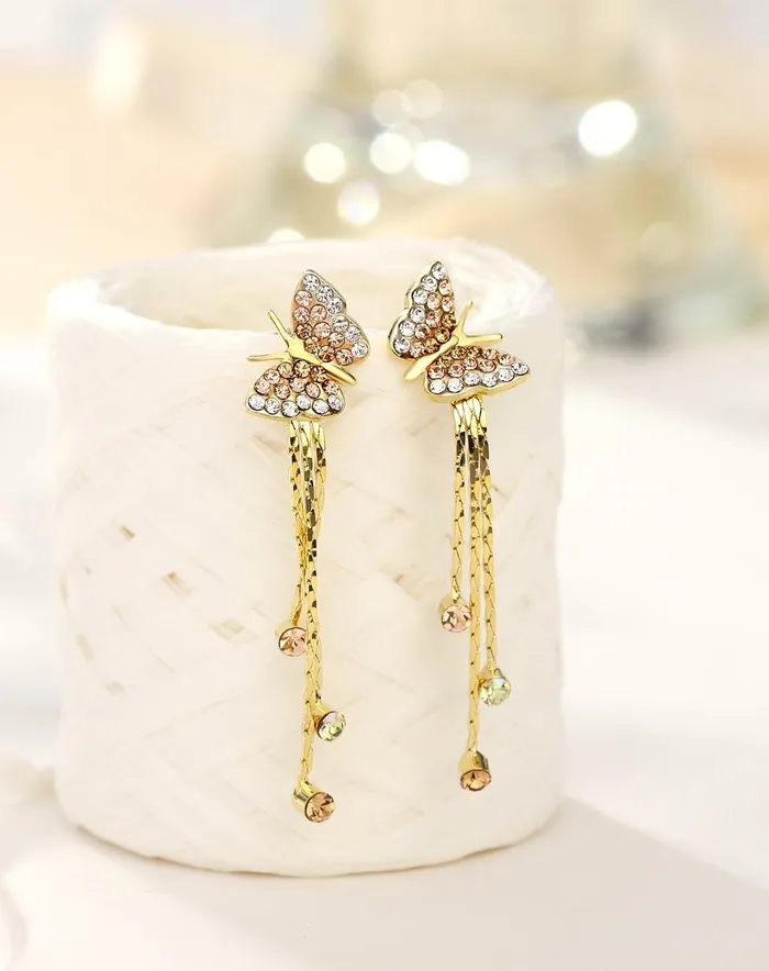 Yellow Chimes Dangler Earrings for Women Crystal Studded Butterfly Shaped Earrings for Girls Long Chain Gold Plated Danglers Earrings Birthday Gift For Girls Anniversary Gift for Wife Yellow Chimes Earrings