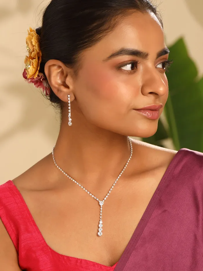 Yellow Chimes Earrings Elegant Women Jewellery Set White Crystal Necklace Earrings Rhodium Plated Silver