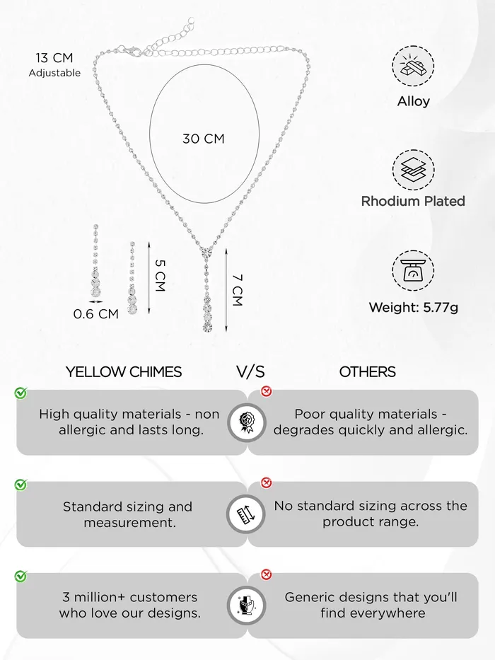 Yellow Chimes Earrings Elegant Women Jewellery Set White Crystal Necklace Earrings Rhodium Plated Silver