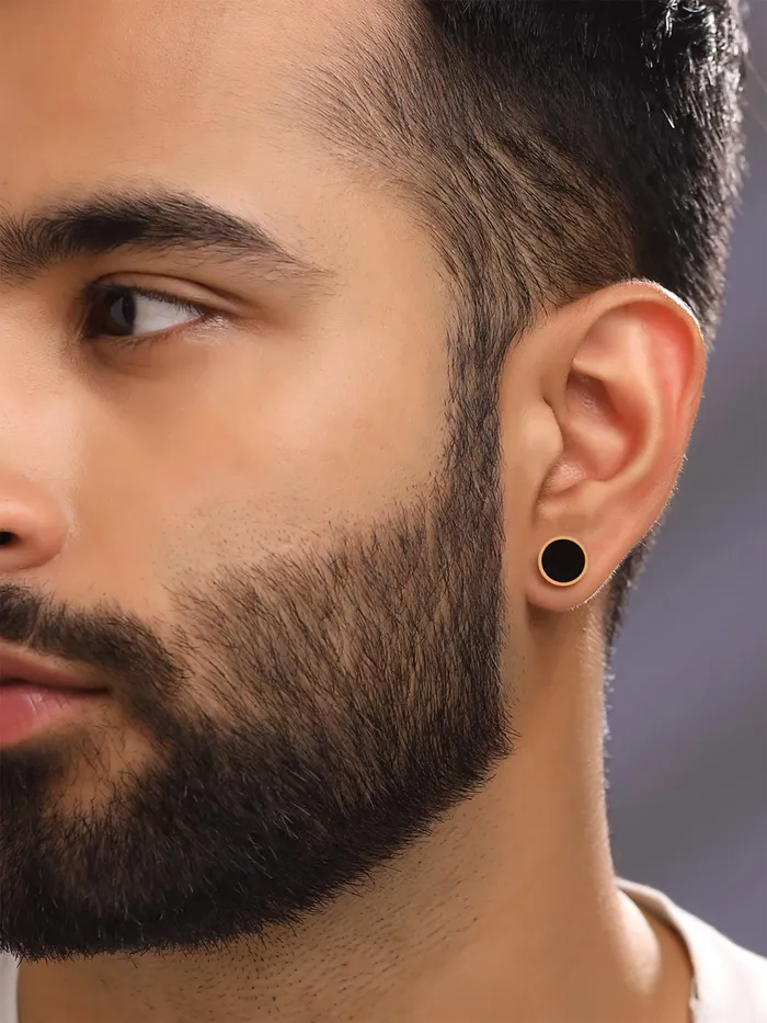 Yellow Chimes Earrings for Men and Boys Fashion Golden Studs for Men Gold Toned Black Studs Stainless Steel Stud Earrings Birthday Gift for Men and Boys Anniversary Gift for Husband Yellow Chimes Earrings