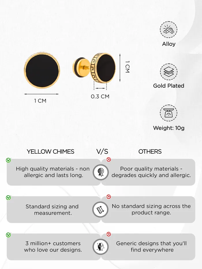 Yellow Chimes Earrings for Men and Boys Fashion Golden Studs for Men Gold Toned Black Studs Stainless Steel Stud Earrings Birthday Gift for Men and Boys Anniversary Gift for Husband Yellow Chimes Earrings
