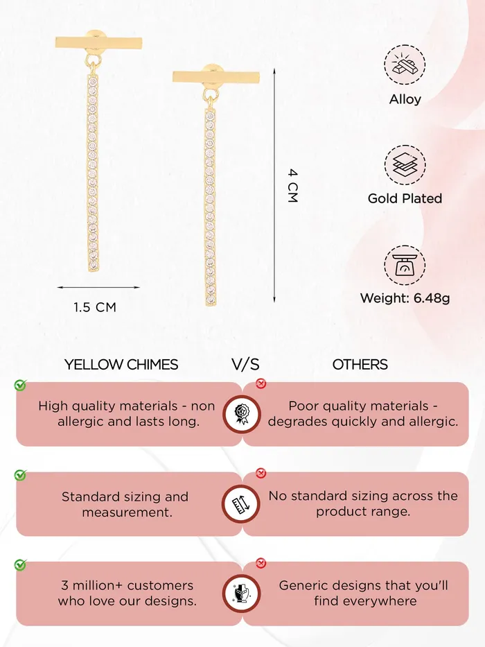 Yellow Chimes Earrings For Women Gold Tone Stud With Linear Crystal Studded Chain Back Drop Earrings For Women and Girls Yellow Chimes Necklaces