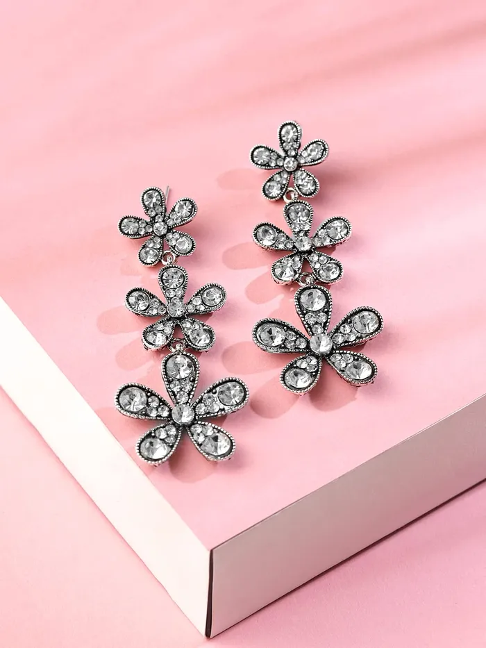 Yellow Chimes Earrings For Women Silver Oxidised Flower Crystal Studded Vintage Dangler Earrings For Women and Girls Yellow Chimes Rings