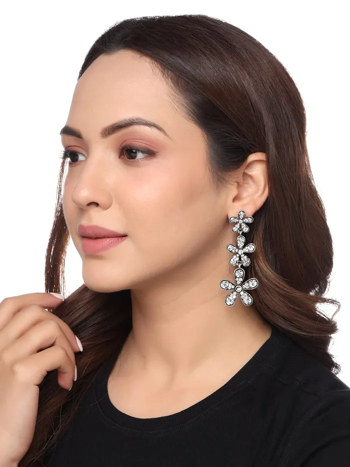 Yellow Chimes Earrings For Women Silver Oxidised Flower Crystal Studded Vintage Dangler Earrings For Women and Girls Yellow Chimes Rings