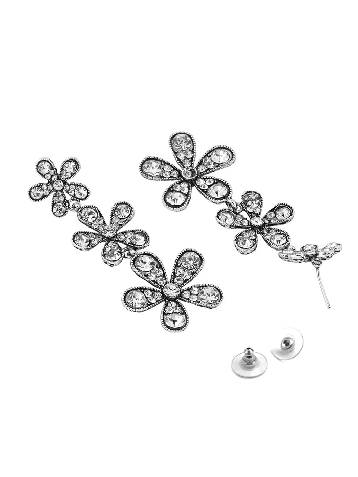 Yellow Chimes Earrings For Women Silver Oxidised Flower Crystal Studded Vintage Dangler Earrings For Women and Girls Yellow Chimes Rings