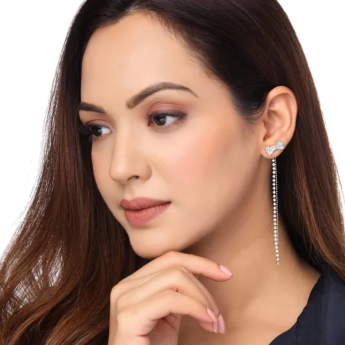 Yellow Chimes Earrings For Women Silver Tone Crystal Studded Bow Shape Back Drop Dangle Earrings For Women and Girls Yellow Chimes Earrings