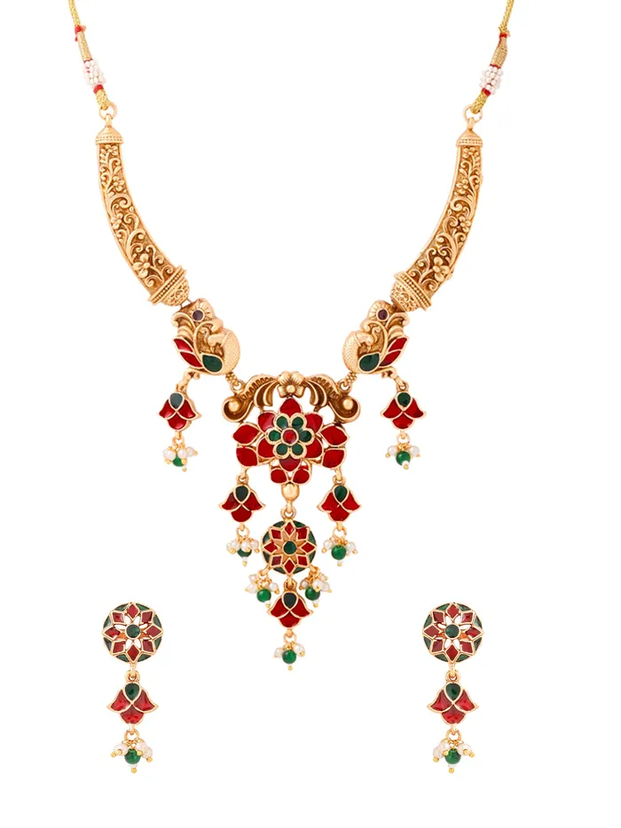 Yellow Chimes Earrings Gold Plated Meenakari Worked Necklace Set Elegant Design Traditional Jewellery for Women One Size Gold Yellow Chimes Earrings Gold Plated Meenakari Worked Necklace Set Elegant Design Traditional Jewellery for Women One Size Gold