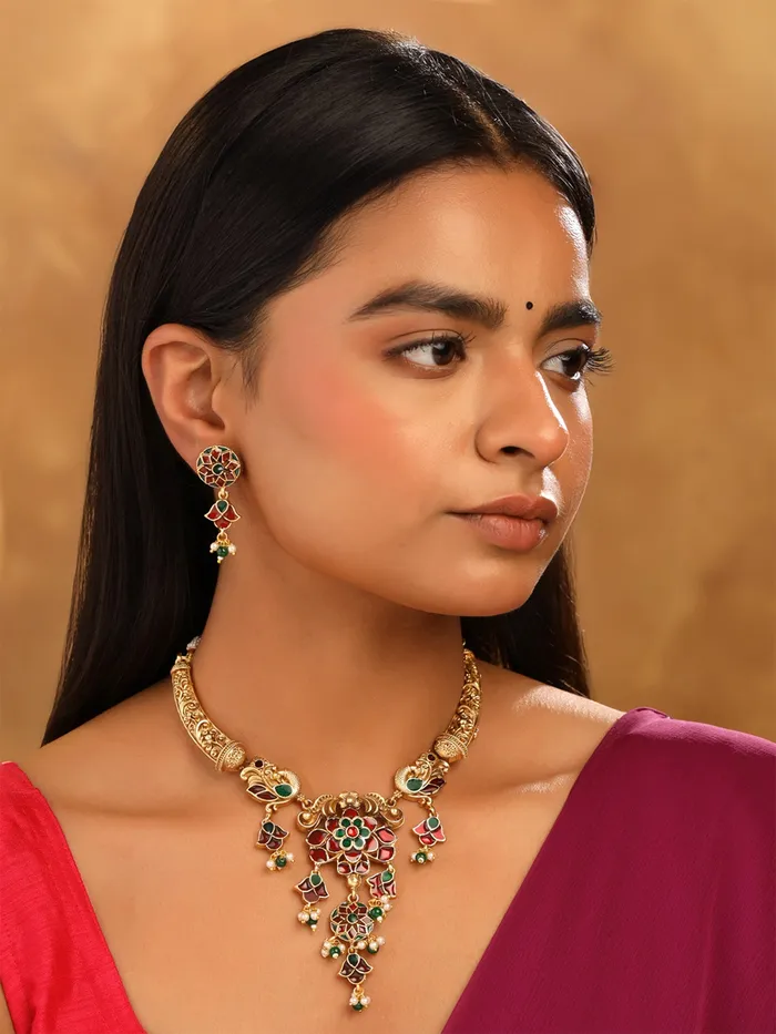 Yellow Chimes Earrings Gold Plated Meenakari Worked Necklace Set Elegant Design Traditional Jewellery for Women One Size Gold