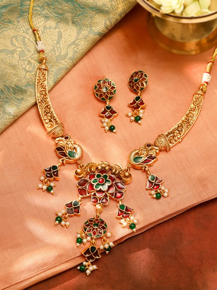 Yellow Chimes Earrings Gold Plated Meenakari Worked Necklace Set Elegant Design Traditional Jewellery for Women One Size Gold