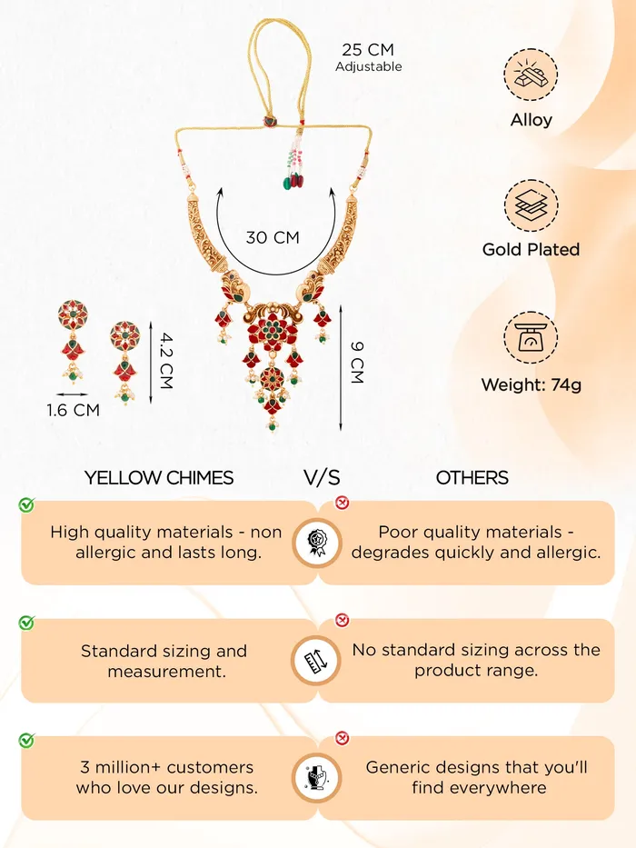 Yellow Chimes Earrings Gold Plated Meenakari Worked Necklace Set Elegant Design Traditional Jewellery for Women One Size Gold