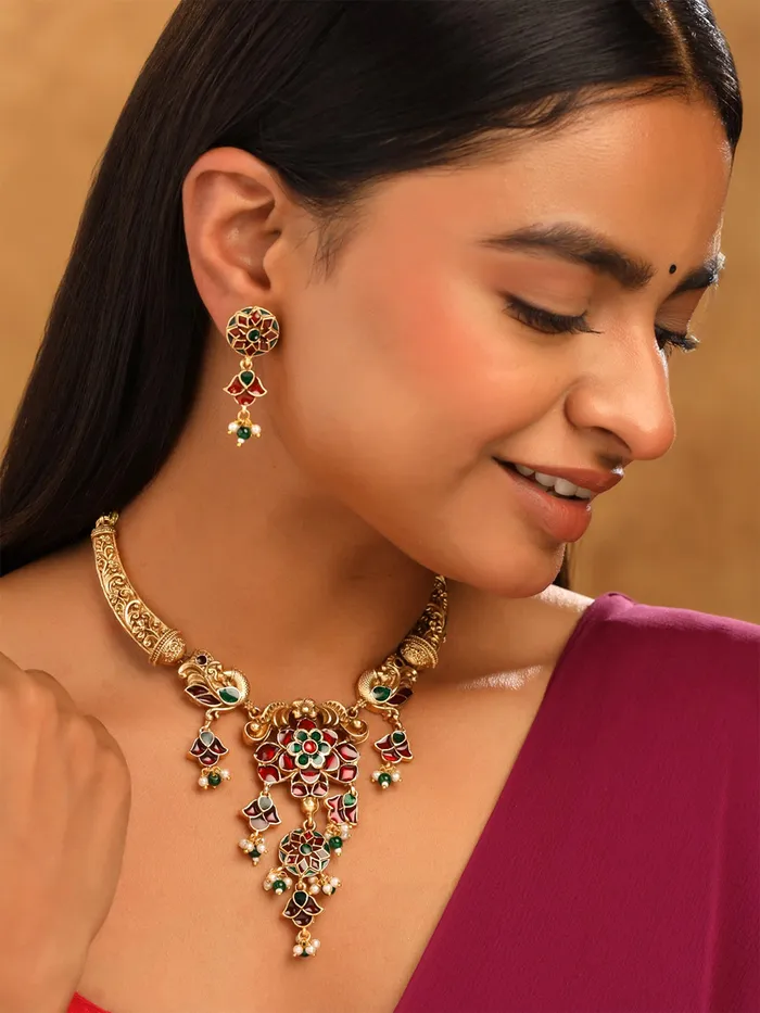 Yellow Chimes Earrings Gold Plated Meenakari Worked Necklace Set Elegant Design Traditional Jewellery for Women One Size Gold