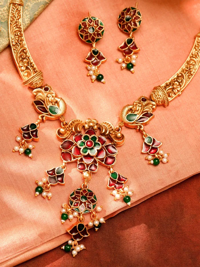 Yellow Chimes Earrings Gold Plated Meenakari Worked Necklace Set Elegant Design Traditional Jewellery for Women One Size Gold