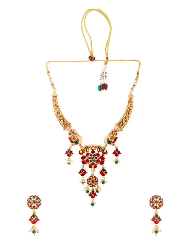 Yellow Chimes Earrings Gold Plated Meenakari Worked Necklace Set Elegant Design Traditional Jewellery for Women One Size Gold