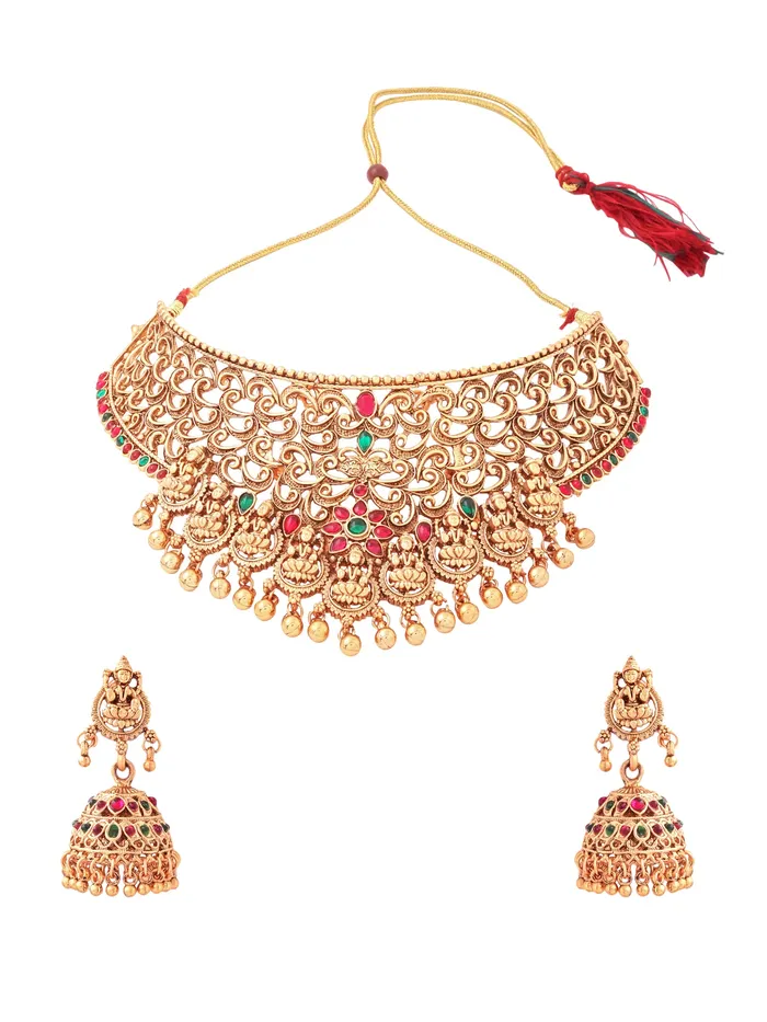 Yellow Chimes Earrings Temple Jewellery Set Traditional Gold Plated Choker Earrings Adjustable Fit Gold Yellow Chimes Earrings Temple Jewellery Set Traditional Gold Plated Choker Earrings Adjustable Fit Gold