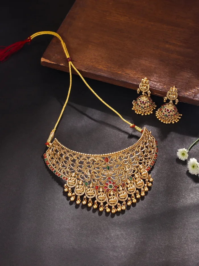 Yellow Chimes Earrings Temple Jewellery Set Traditional Gold Plated Choker Earrings Adjustable Fit Gold