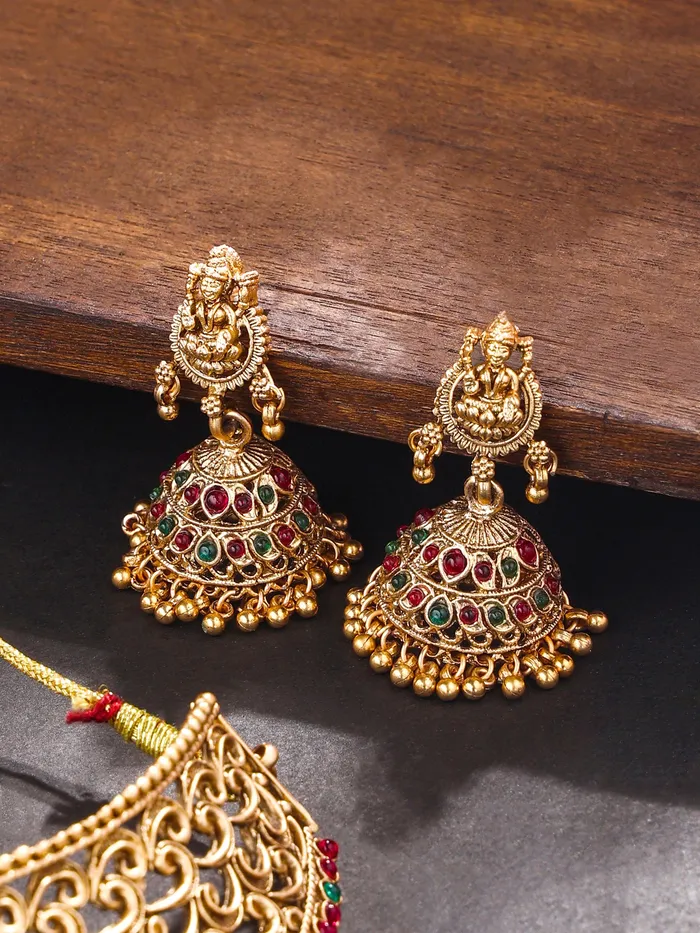Yellow Chimes Earrings Temple Jewellery Set Traditional Gold Plated Choker Earrings Adjustable Fit Gold