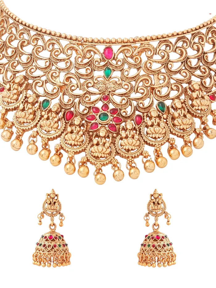 Yellow Chimes Earrings Temple Jewellery Set Traditional Gold Plated Choker Earrings Adjustable Fit Gold