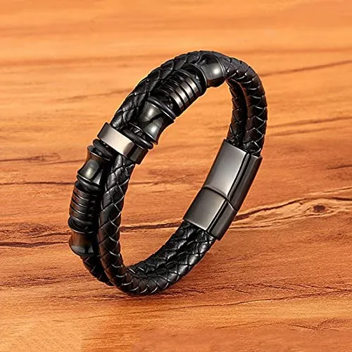 Yellow Chimes Earrings Yellow Chimes Bracelets for Men and Boys Black Leather Bracelet for Men MagneticClasp Genuine Leather Wrap Bracelets for Men Birthday Gift for Men and Boys Anniversary Gift for Husband