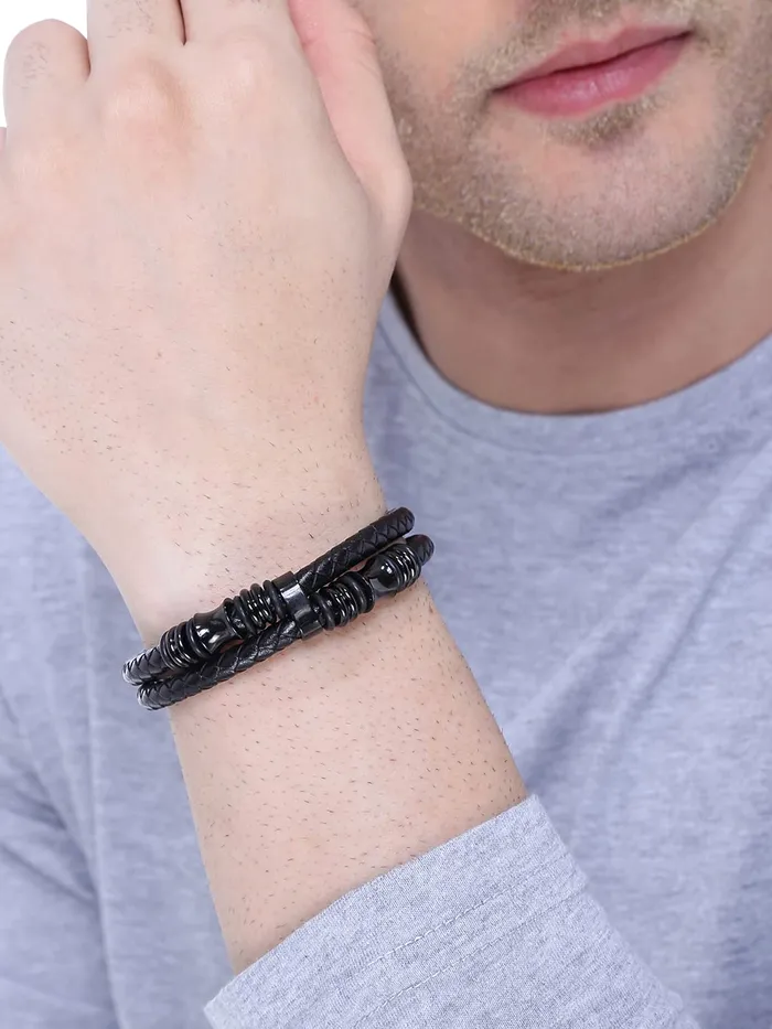 Yellow Chimes Earrings Yellow Chimes Bracelets for Men and Boys Black Leather Bracelet for Men MagneticClasp Genuine Leather Wrap Bracelets for Men Birthday Gift for Men and Boys Anniversary Gift for Husband