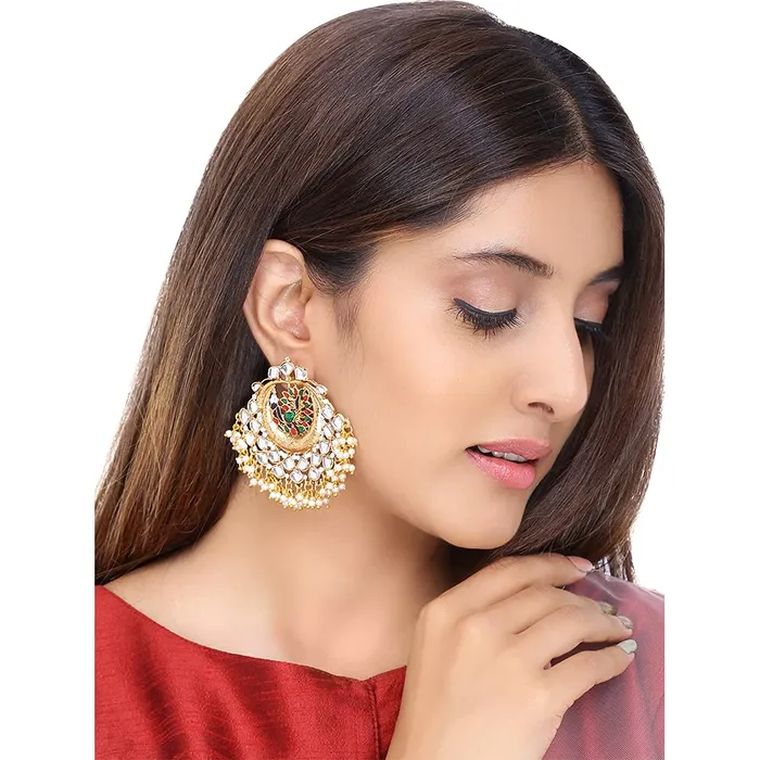 Yellow Chimes Earrings Yellow Chimes Chandbali Earrings for Women Ethnic Gold Plated Kundan Studded Pearl Moti Multicolor Peacock Chand bali Earrings for Women and Girls