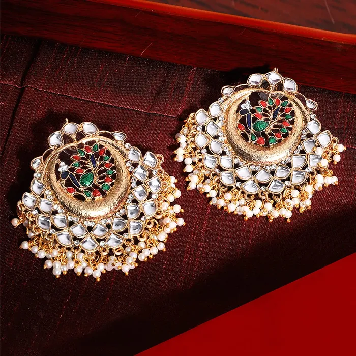 Yellow Chimes Earrings Yellow Chimes Chandbali Earrings for Women Ethnic Gold Plated Kundan Studded Pearl Moti Multicolor Peacock Chand bali Earrings for Women and Girls