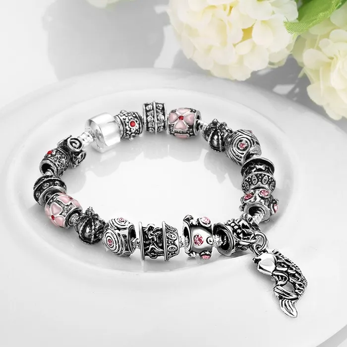 Yellow Chimes Earrings Yellow Chimes DIY Crafted Beads and Crystals Antique Silver Fish Charm Bracelet for Girls and Women