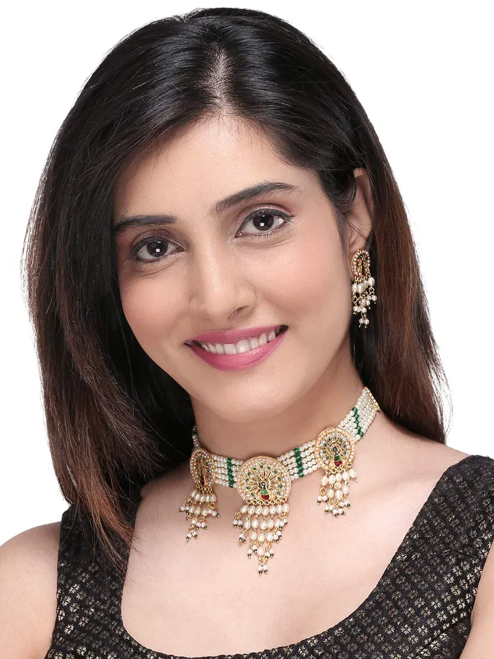 Yellow Chimes Earrings Yellow Chimes Ethnic Handcrafted Moti Multilayer Jewellery Set Gold Plated Traditional Peacock Choker Necklace Set for women Girls Green
