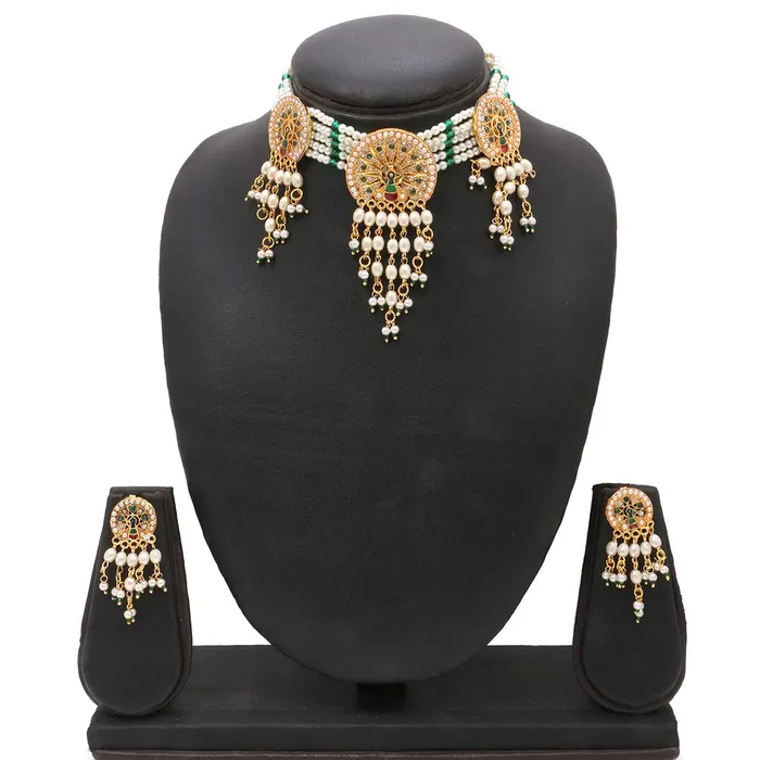 Yellow Chimes Earrings Yellow Chimes Ethnic Handcrafted Moti Multilayer Jewellery Set Gold Plated Traditional Peacock Choker Necklace Set for women Girls Green