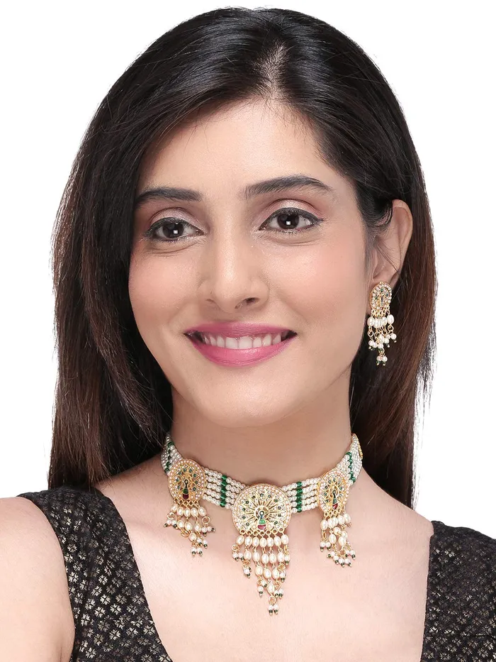 Yellow Chimes Earrings Yellow Chimes Ethnic Handcrafted Moti Multilayer Jewellery Set Gold Plated Traditional Peacock Choker Necklace Set for women Girls Green