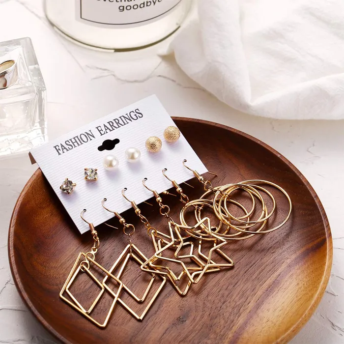 Yellow Chimes Earrings Yellow Chimes Golden Base Metal pearl Multiple Stud Earrings Big Hoop Tassel Drop Pearl Earrings for Women and Girls Moon Star 6 and 9 Pairs Assorted