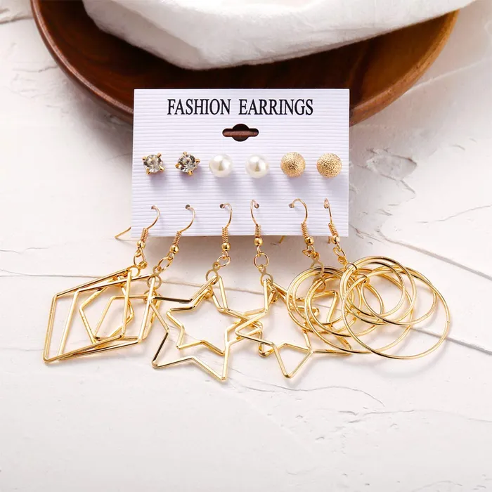 Yellow Chimes Earrings Yellow Chimes Golden Base Metal pearl Multiple Stud Earrings Big Hoop Tassel Drop Pearl Earrings for Women and Girls Moon Star 6 and 9 Pairs Assorted