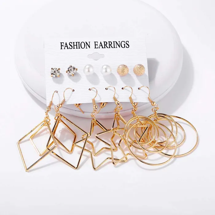 Yellow Chimes Earrings Yellow Chimes Golden Base Metal pearl Multiple Stud Earrings Big Hoop Tassel Drop Pearl Earrings for Women and Girls Moon Star 6 and 9 Pairs Assorted