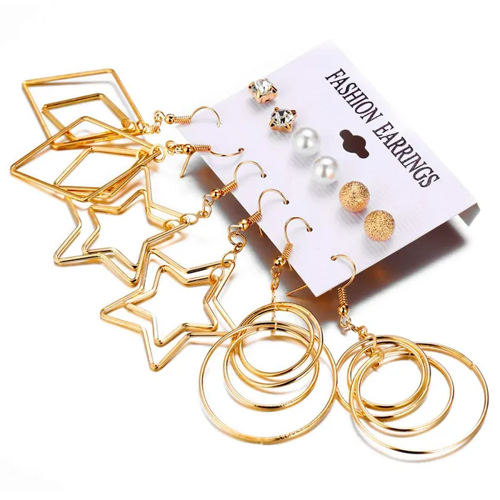 Yellow Chimes Earrings Yellow Chimes Golden Base Metal pearl Multiple Stud Earrings Big Hoop Tassel Drop Pearl Earrings for Women and Girls Moon Star 6 and 9 Pairs Assorted