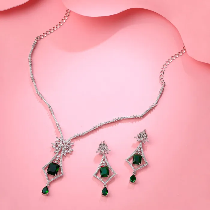 Yellow Chimes Earrings Yellow Chimes Jewellery Set for Women and Girls American Diamond Jewellery Set Silver Tone Drop Designed Green AD Necklace Set Birthday Gift for girls and women Anniversary Gift for Wife
