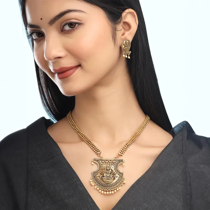 Yellow Chimes Earrings Yellow Chimes Jewellery Set for Women and Girls Temple Jewellery Set for Women Traditional Oxidised Gold Plated Long Necklace Set Birthday Gift for Girls Women Anniversary Gift for Wife