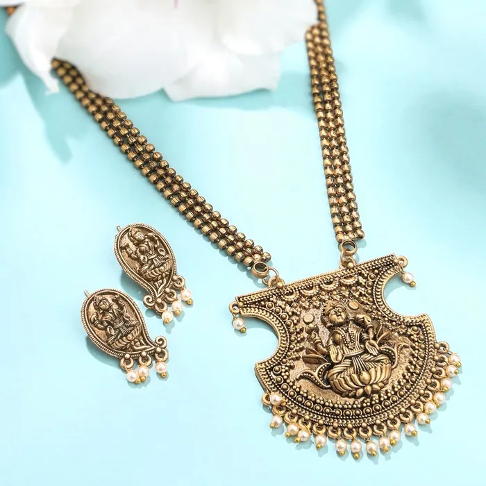 Yellow Chimes Earrings Yellow Chimes Jewellery Set for Women and Girls Temple Jewellery Set for Women Traditional Oxidised Gold Plated Long Necklace Set Birthday Gift for Girls Women Anniversary Gift for Wife