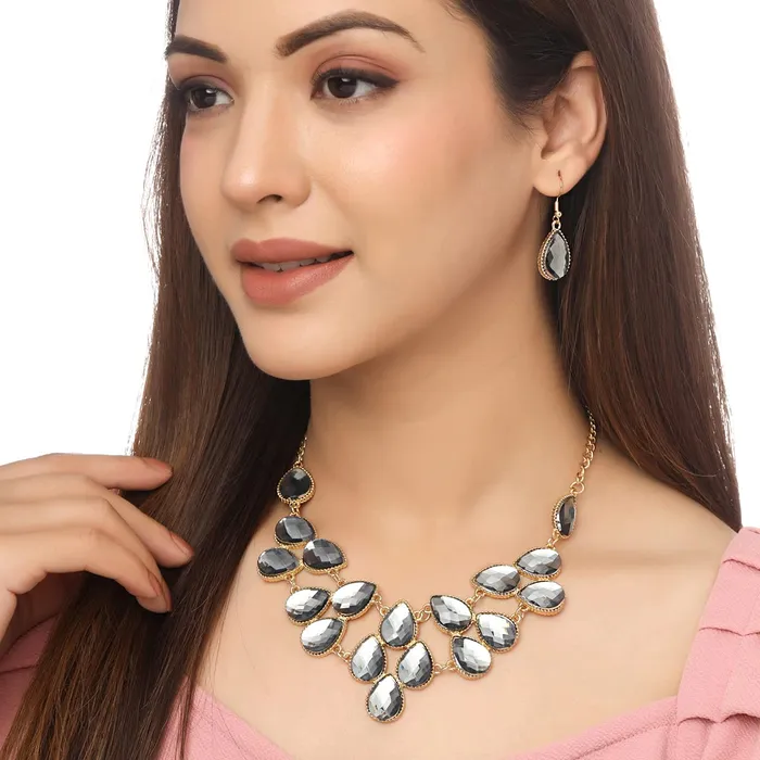 Yellow Chimes Earrings Yellow Chimes Jewellery Set For Women Gold Toned Black Oval Shaped Crystal Studded Necklace Set With Earring For Women and Girls