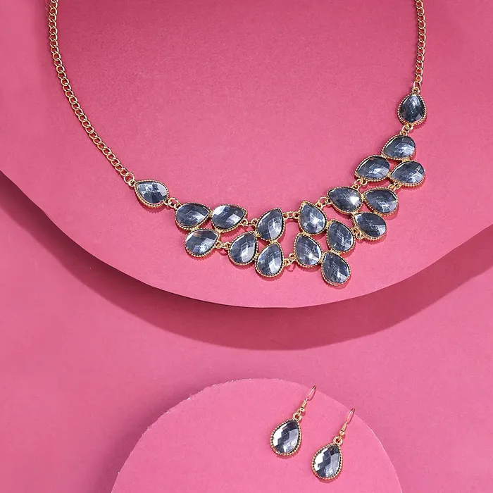 Yellow Chimes Earrings Yellow Chimes Jewellery Set For Women Gold Toned Black Oval Shaped Crystal Studded Necklace Set With Earring For Women and Girls