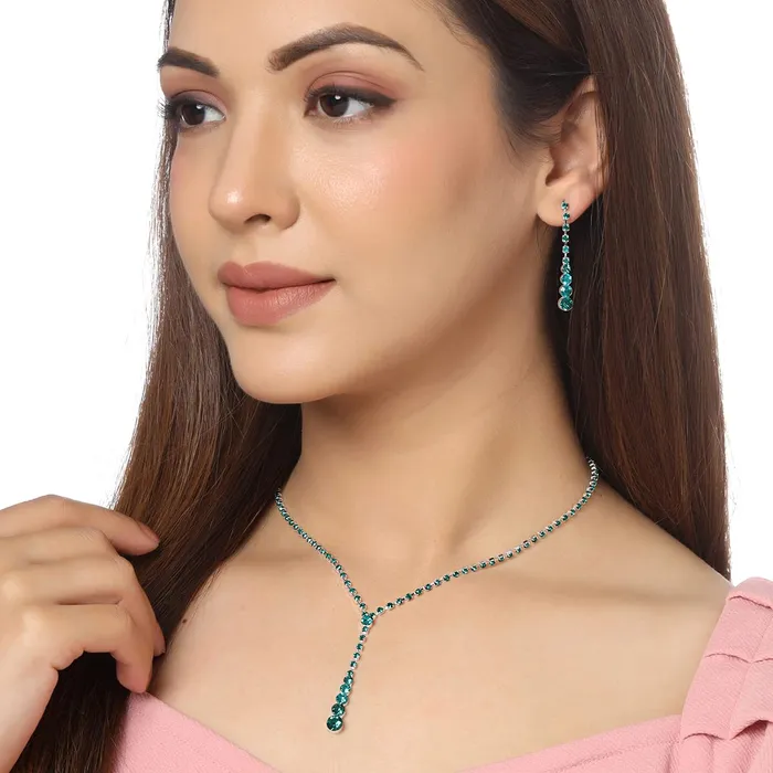 Yellow Chimes Earrings Yellow Chimes Jewellery Set For Women Silver Tone Drak Green Crystal Studded Necklace With Dark Green Crystal Dangler Earring For Women and Girls